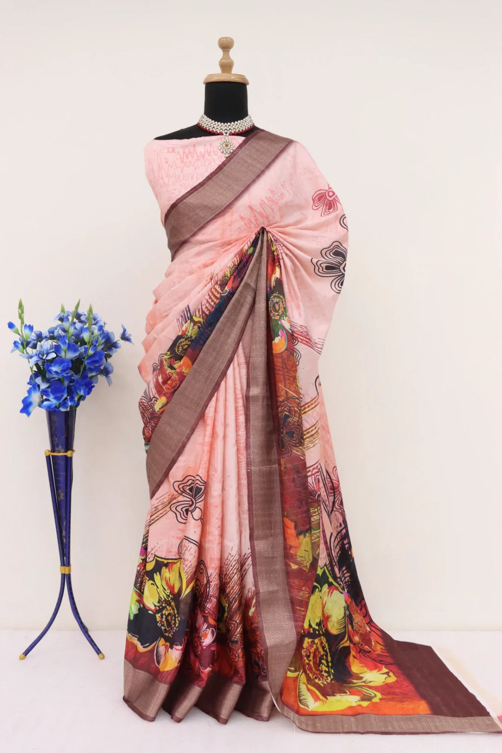 Light Pink Dola Silk Saree with digital prints and Banarasi motifs
