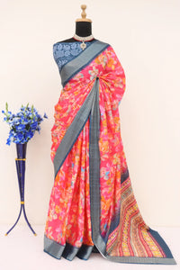 Floral Pink Printed Saree Dola Silk | TRENDBUY