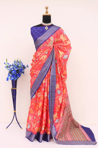 Orange Silk Saree with Purple Border | TRENDBUY