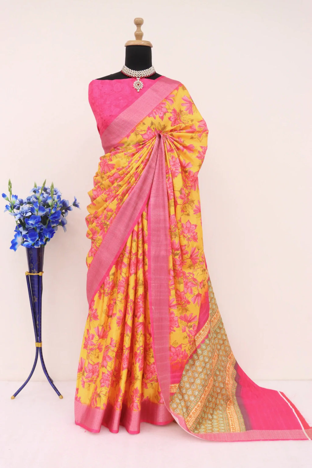 Premium Lemon Yellow Dola Silk Saree with Pink Border