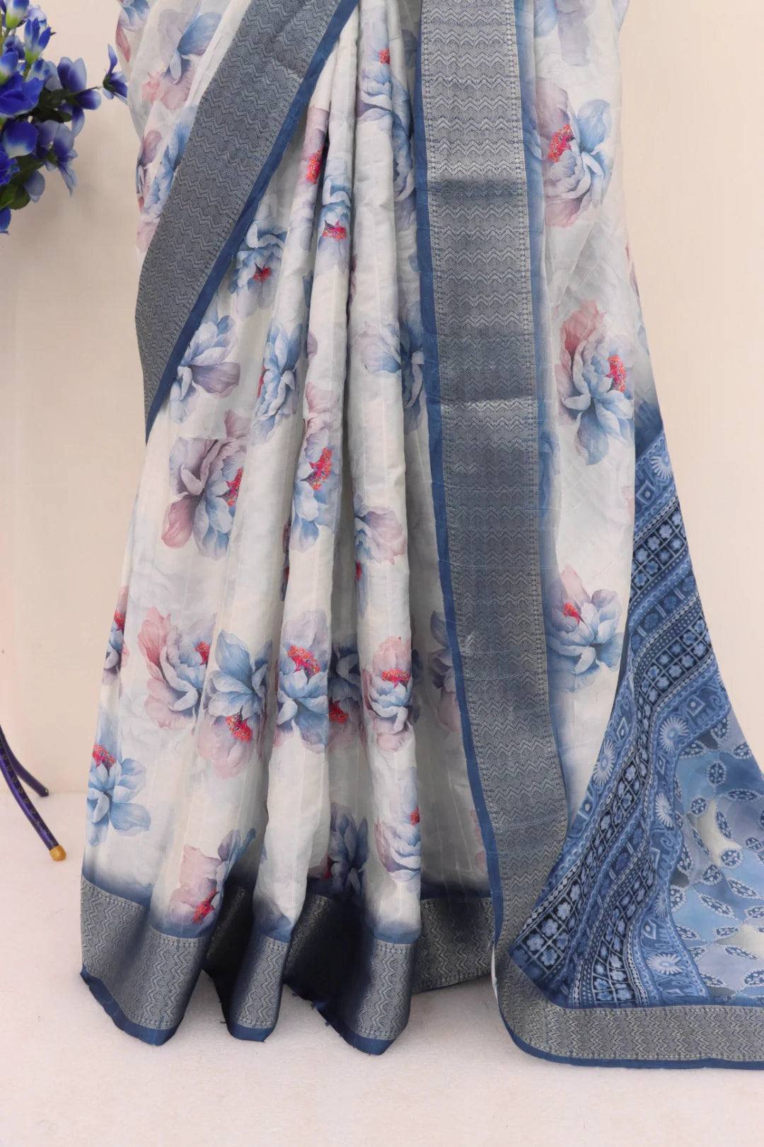 White Saree with Blue Border