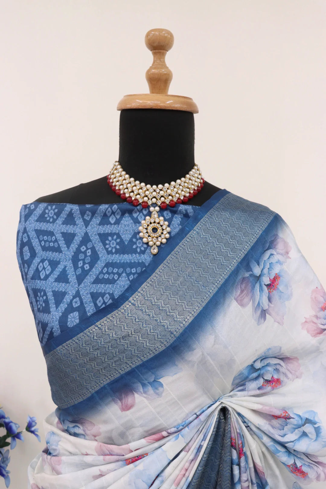 White Saree with Blue Border