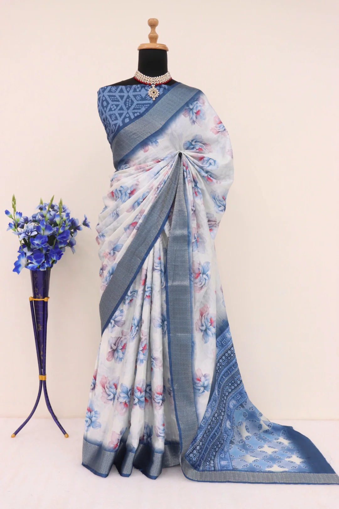 White Saree with Blue Border