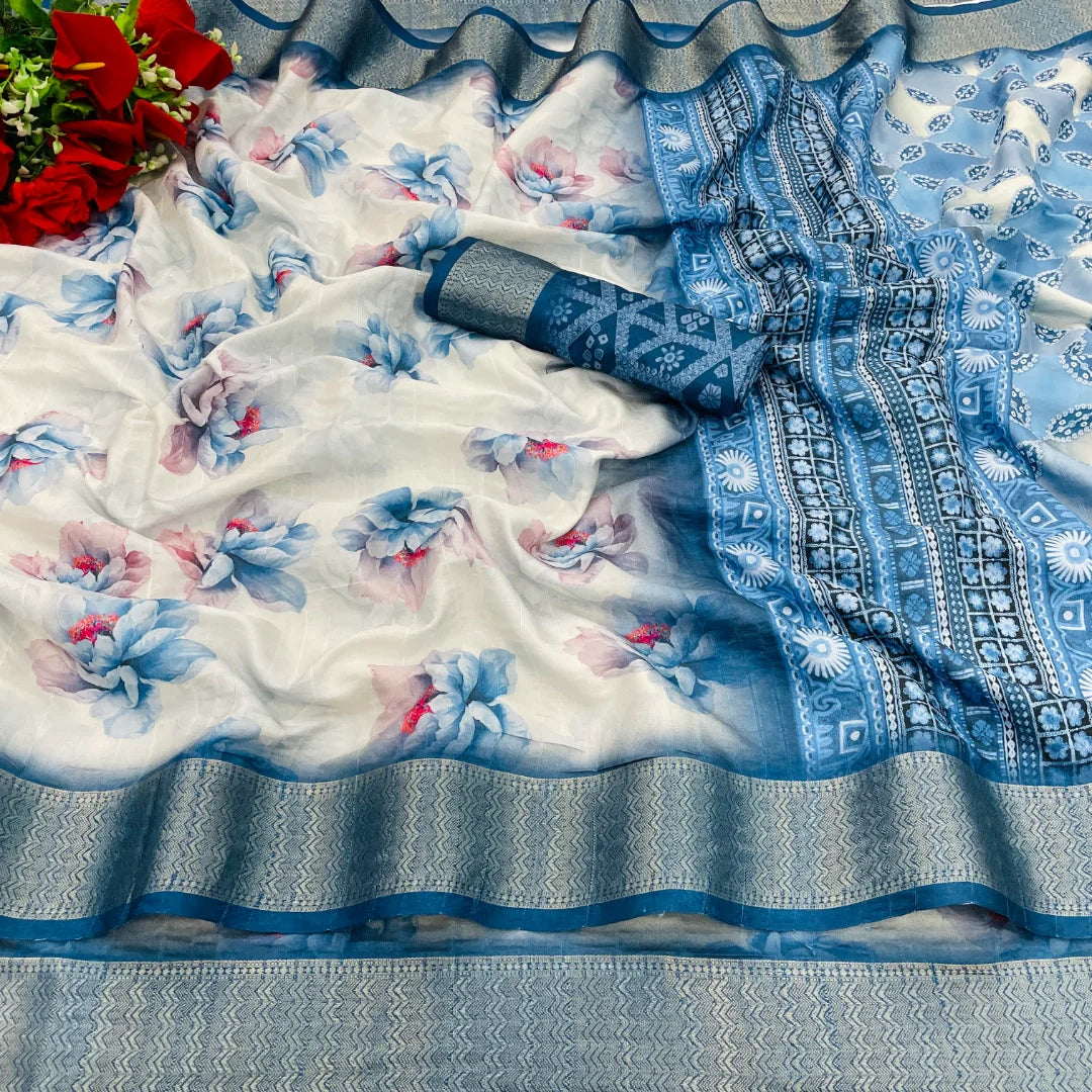 White Saree with Blue Border