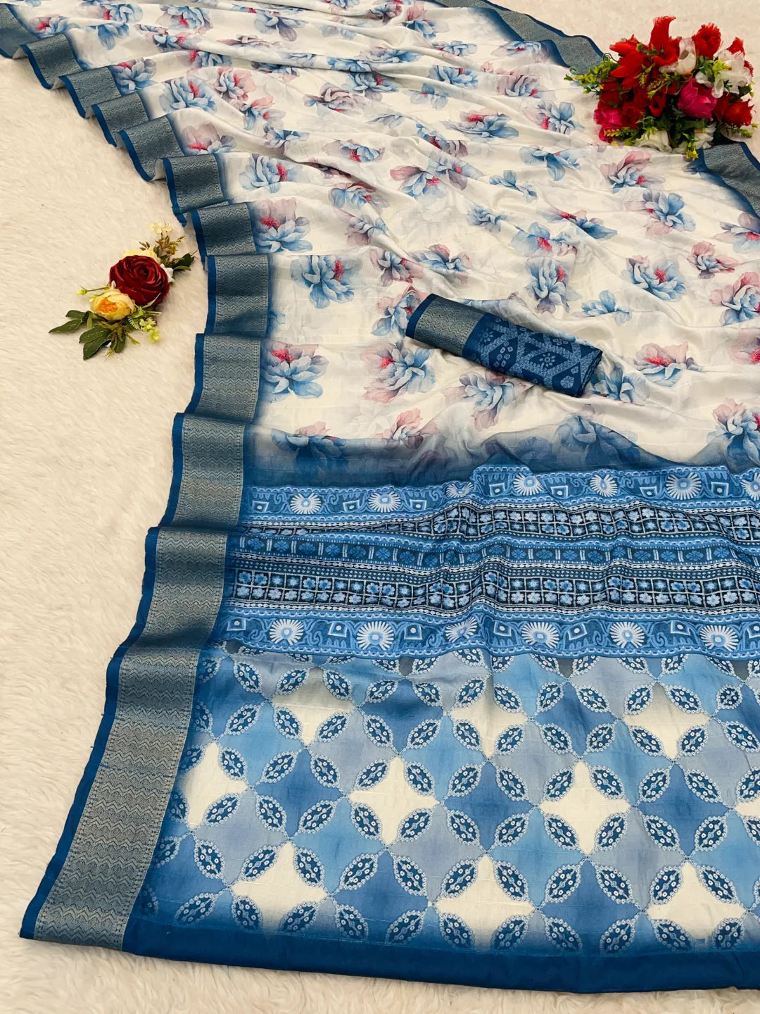 White Saree with Blue Border