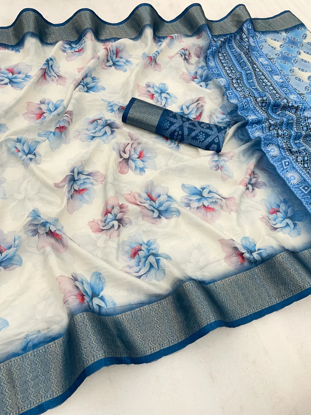White Saree with Blue Border