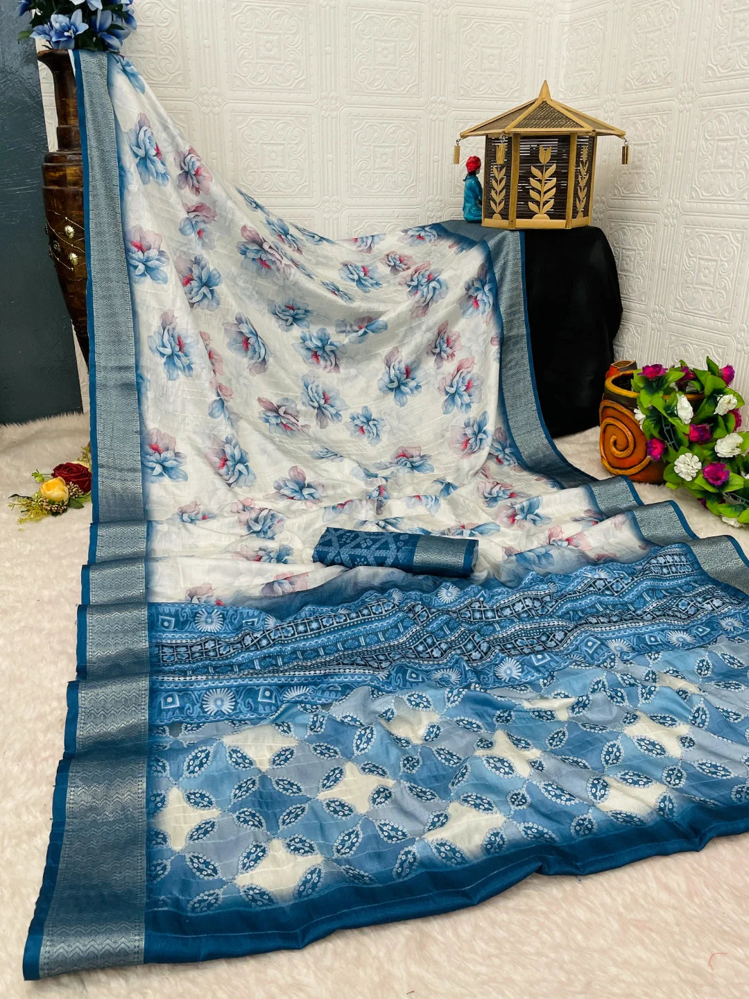 White Saree with Blue Border