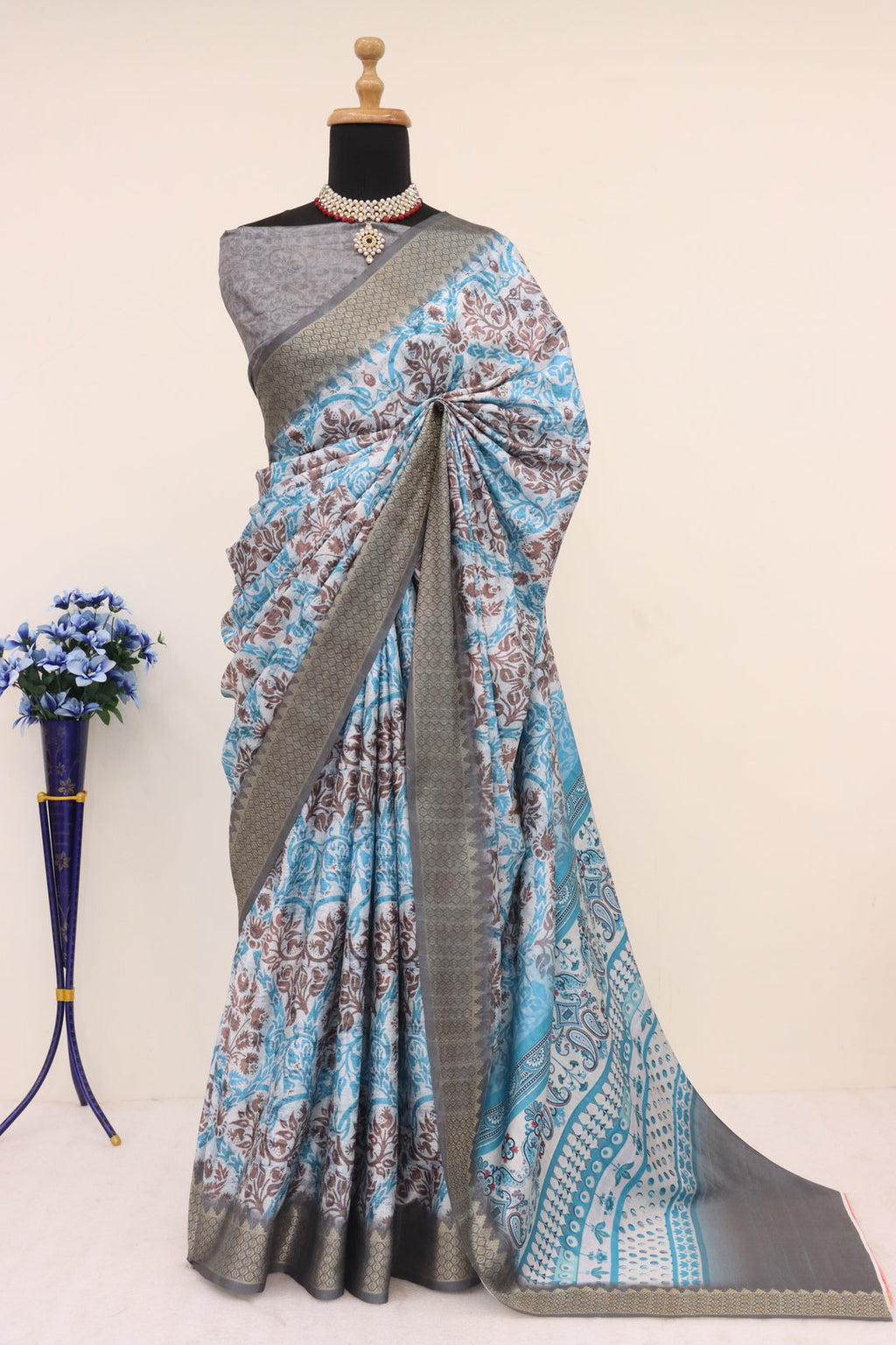 Elegant light blue printed saree
