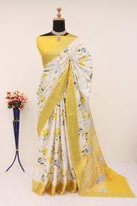 Lemon Yellow Printed Silk Saree | TRENDBUY