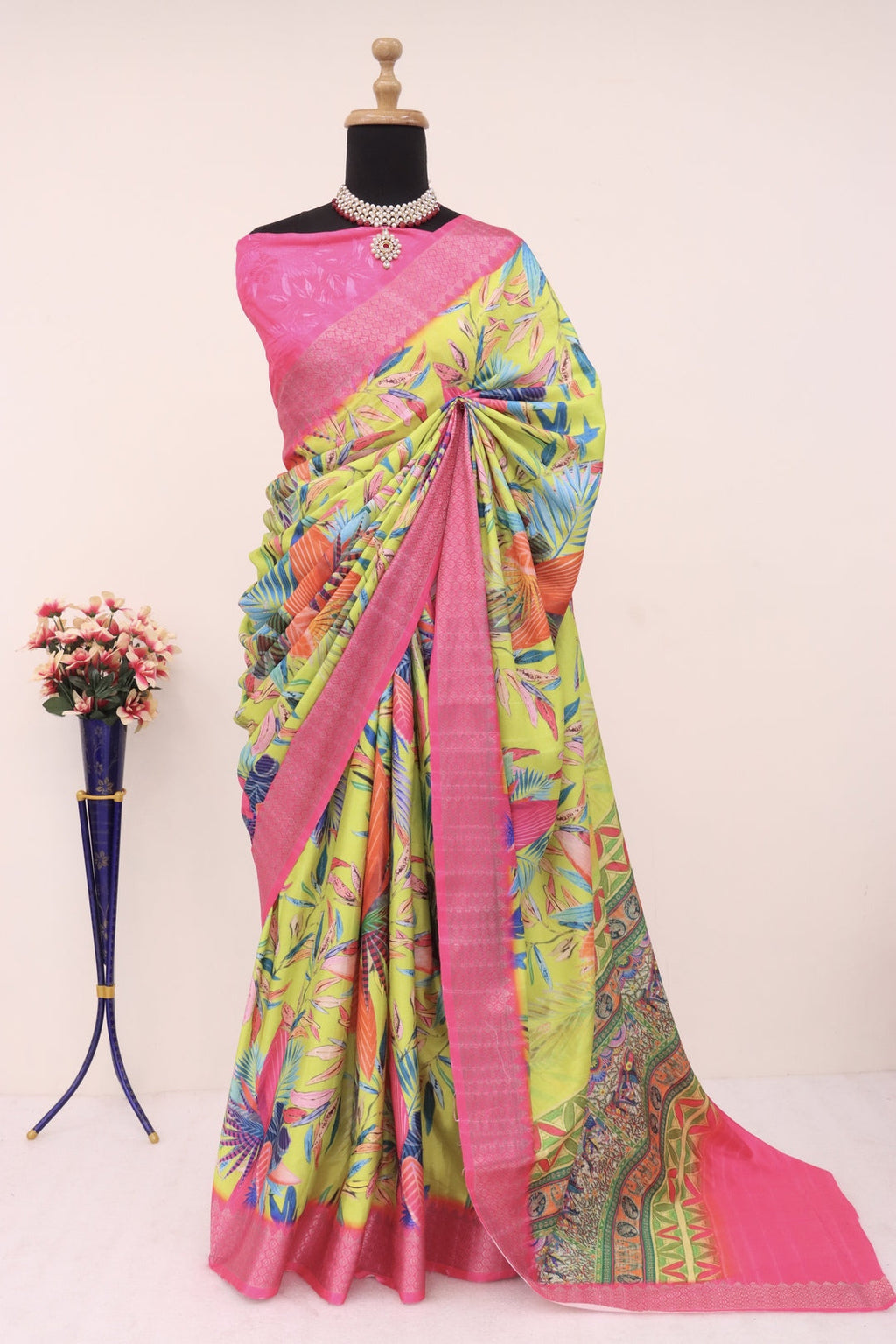 Pink Yellow Silk Saree, traditional Indian attire