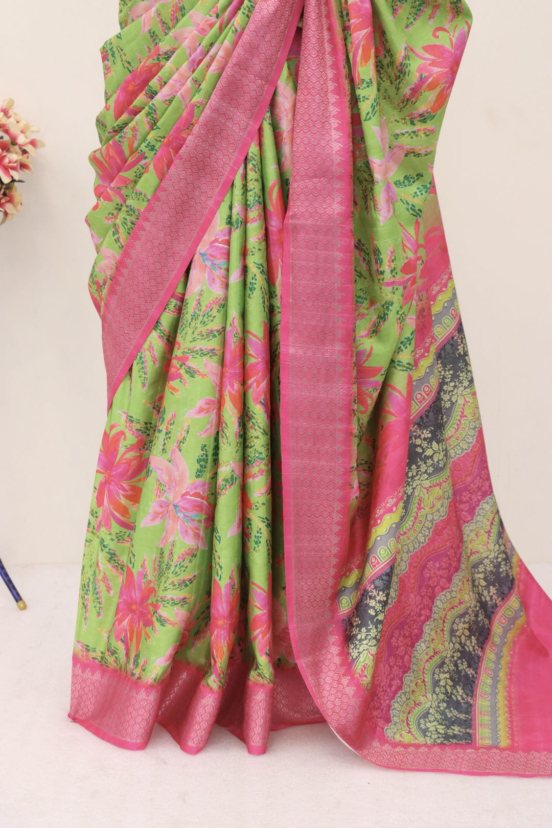 Light Green and Pink Silk Saree