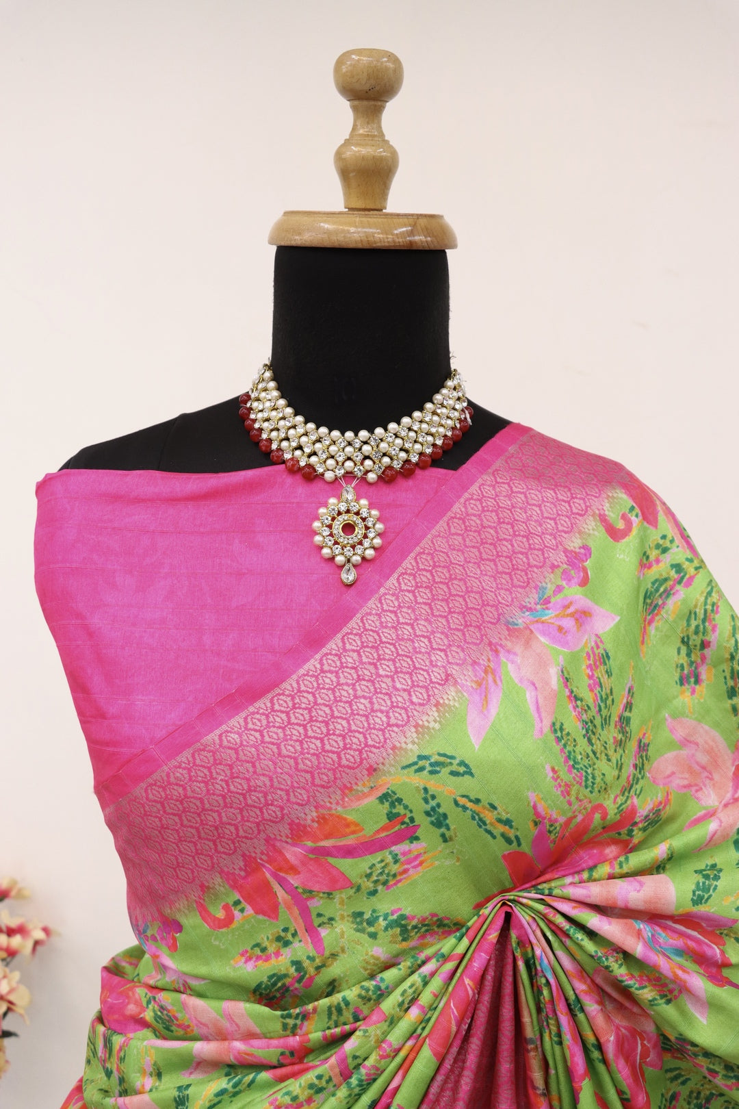 Light Green and Pink Silk Saree