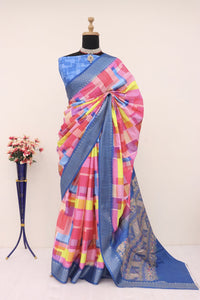 Pink and Blue Printed Silk Saree | TRENDBUY