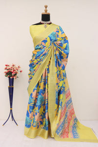 Light Yellow Printed Silk Saree | TRENDBUY