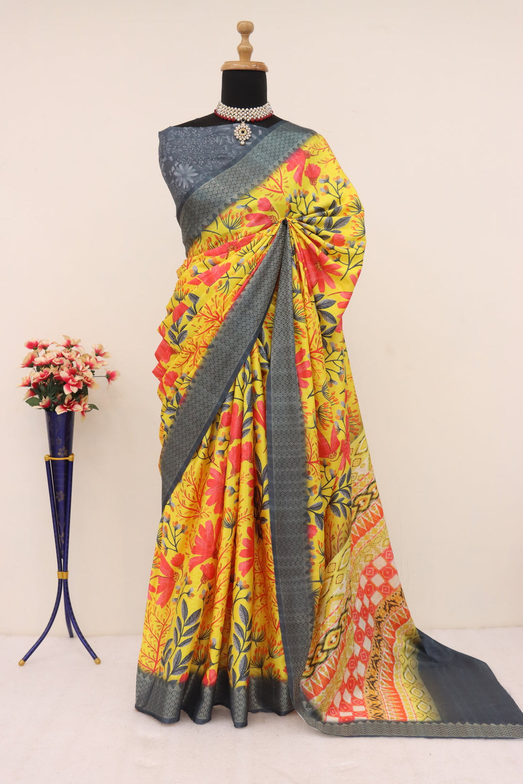 Floral yellow printed silk saree