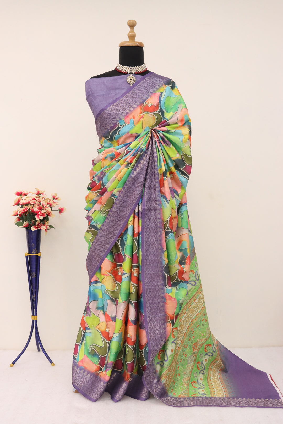 Luxurious lavender silk saree, showcasing its vibrant color and smooth texture