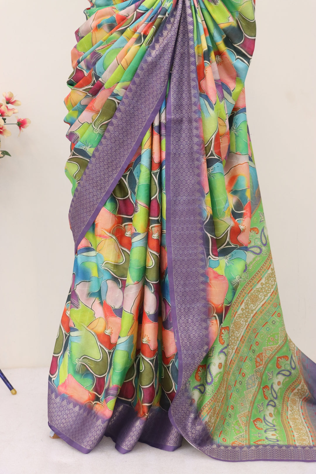 Lavender silk saree, showcasing luxurious fabric and elegant drape.