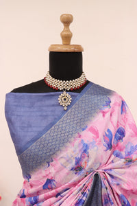 Premium Pink and Purple Dola Silk Saree with Floral Digital Prints and Banarasi Border