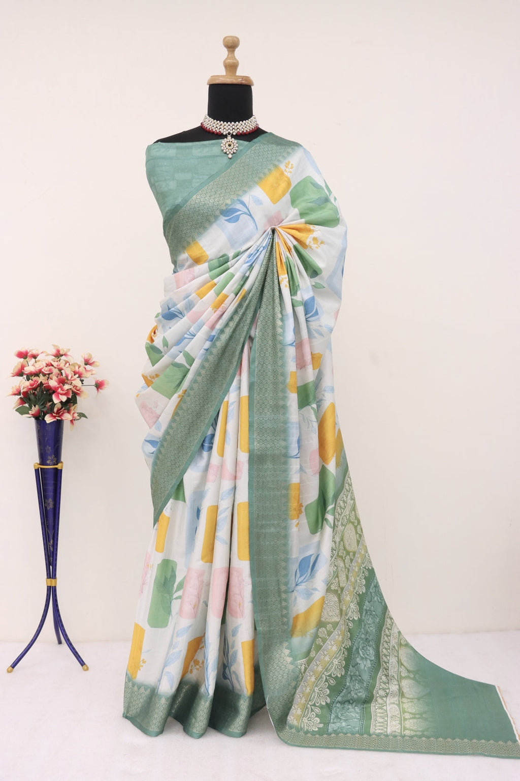 Elegant light green printed silk saree