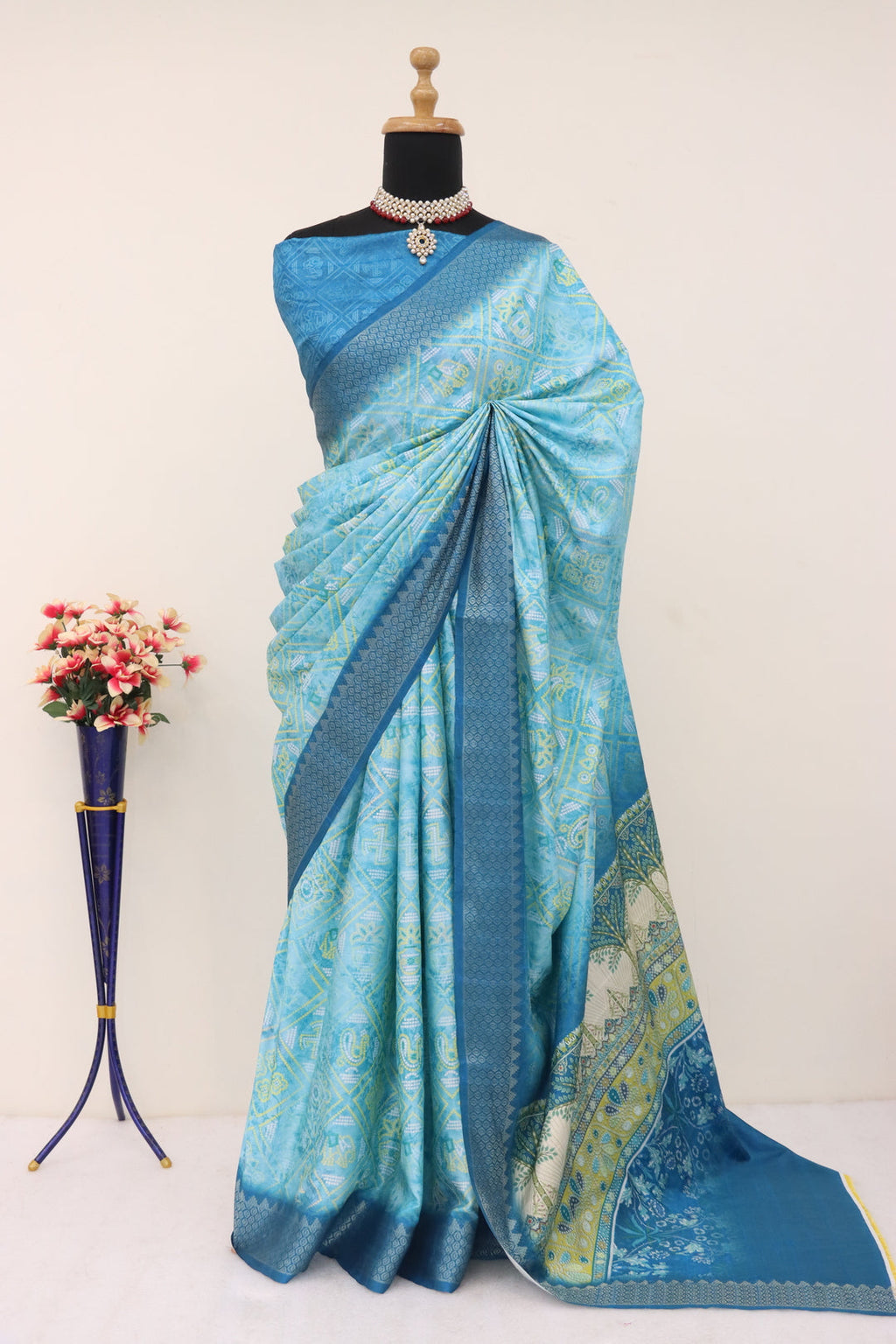 Sky blue pure Dola silk digital print saree with elegant tassels