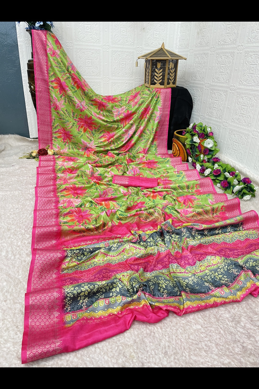 Light Green and Pink Silk Saree