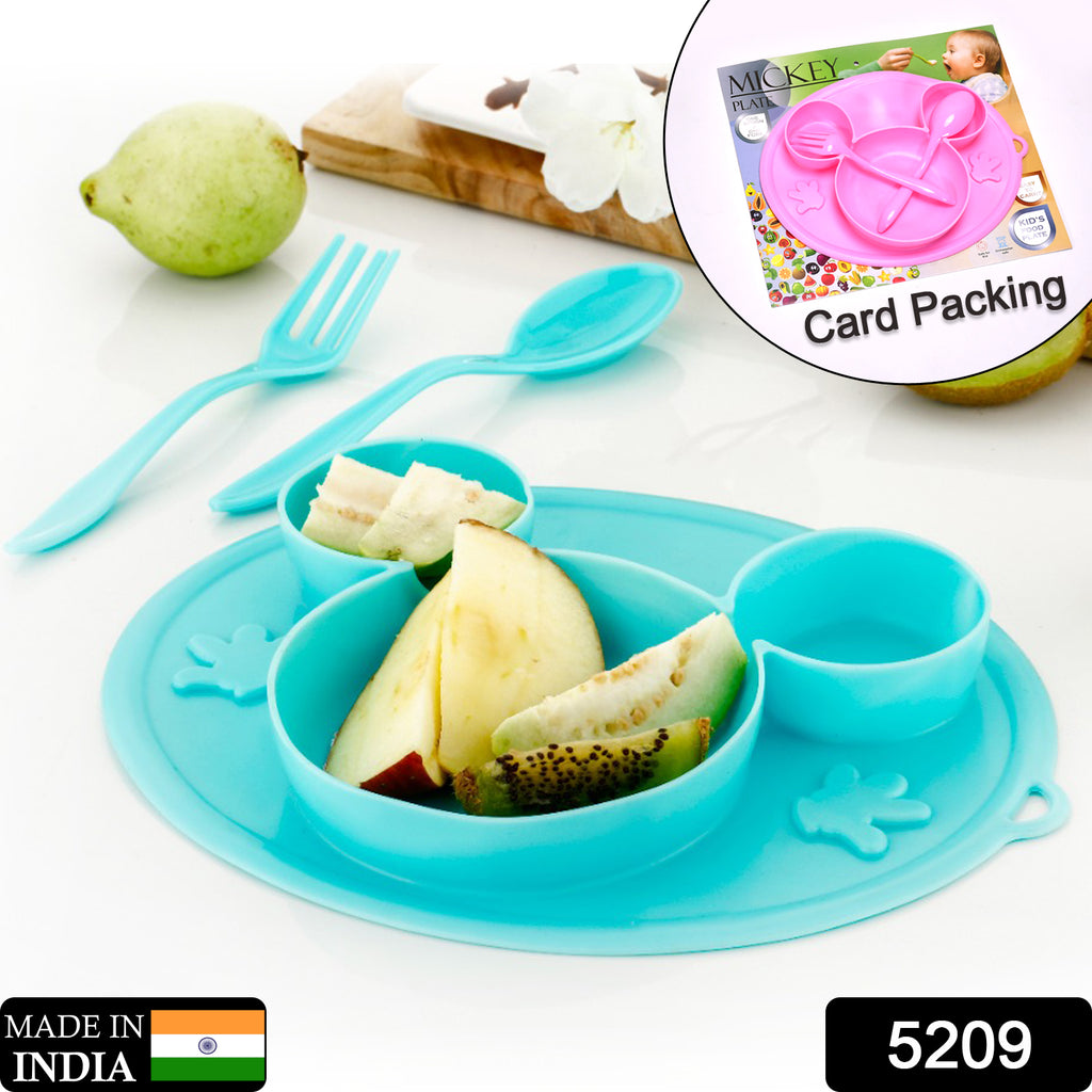 Blue silicone Mickey Mouse plate with 1 spoon and 1 fork for kids.
