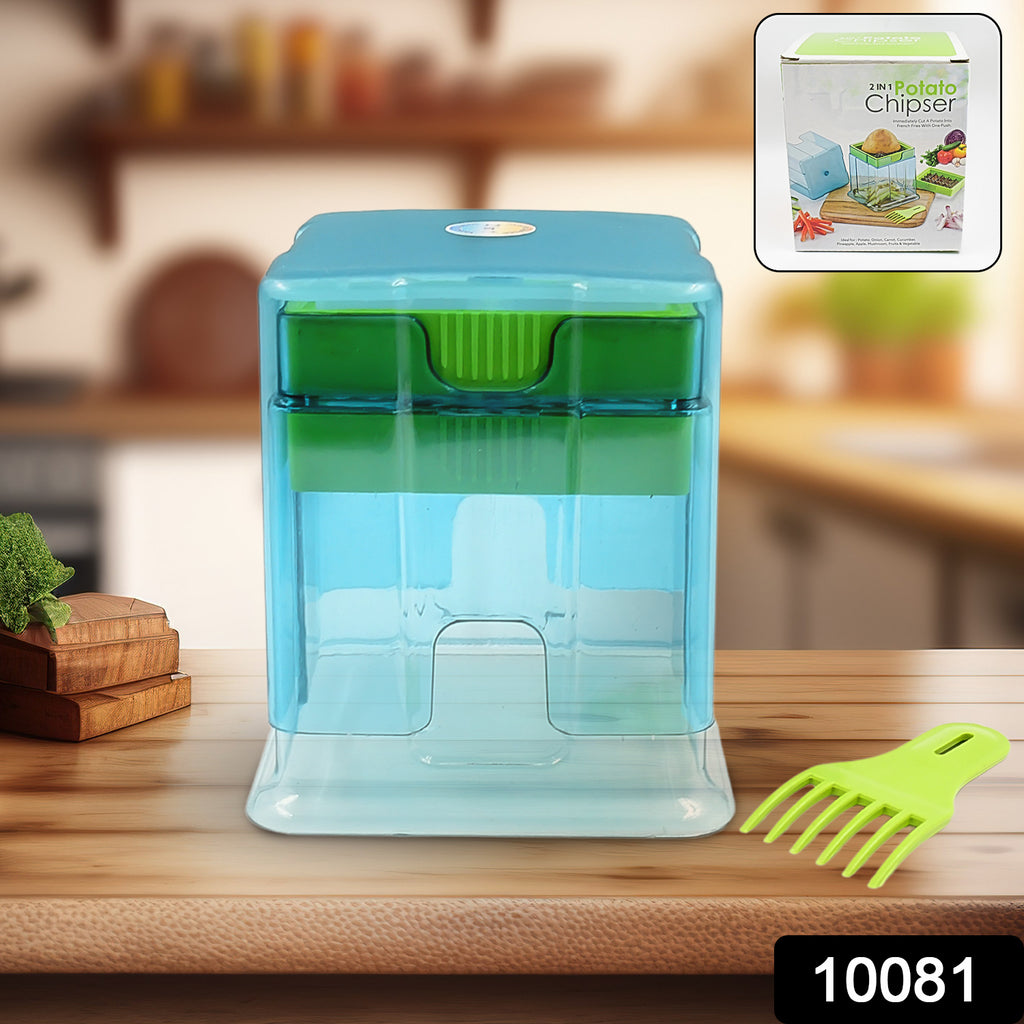 Plastic 2-in-1 potato chipser slicer cutting potatoes into french fries and finger chips with two blades.