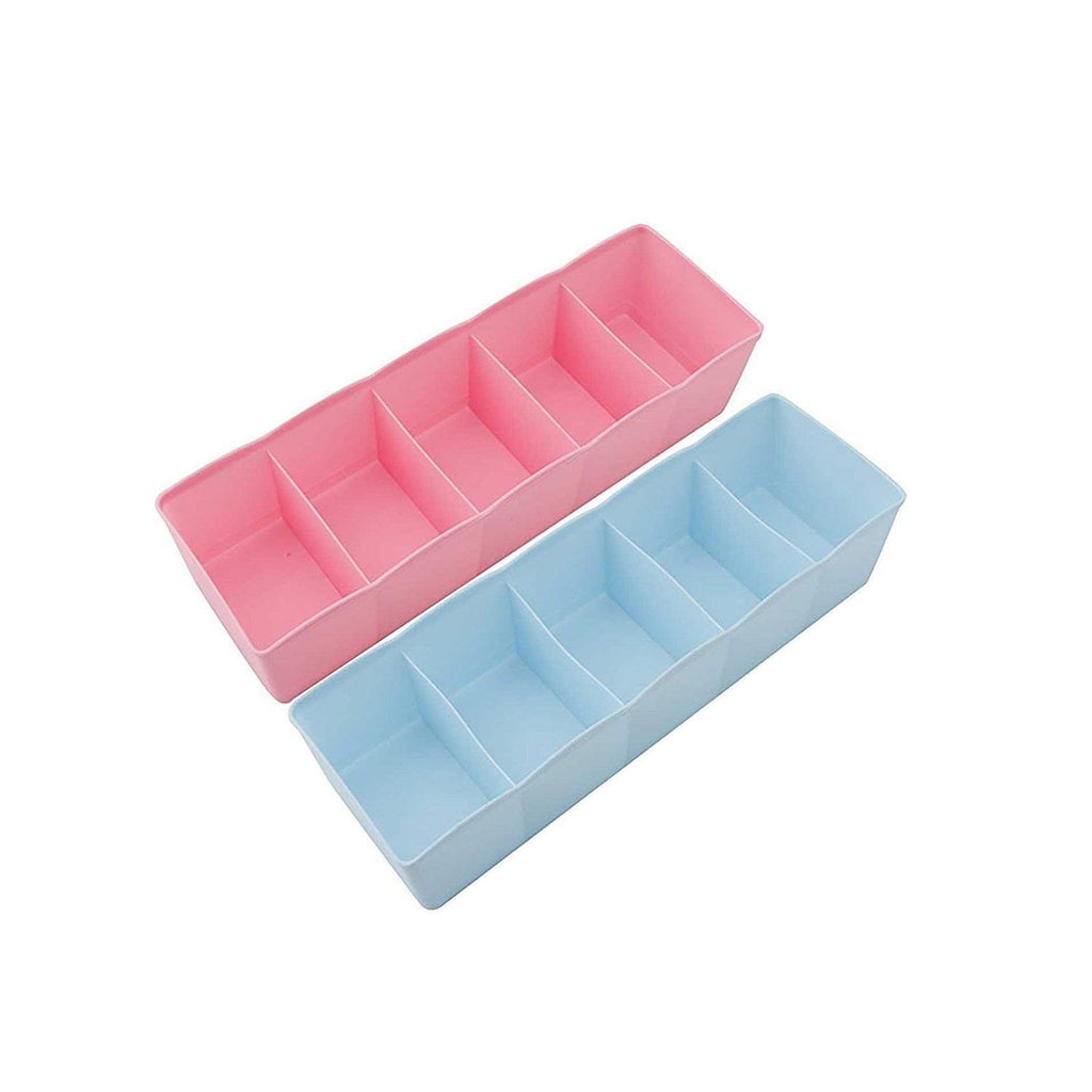 Pack of 2 clear 5-compartment socks underwear storage boxes. Drawer closet organizer.