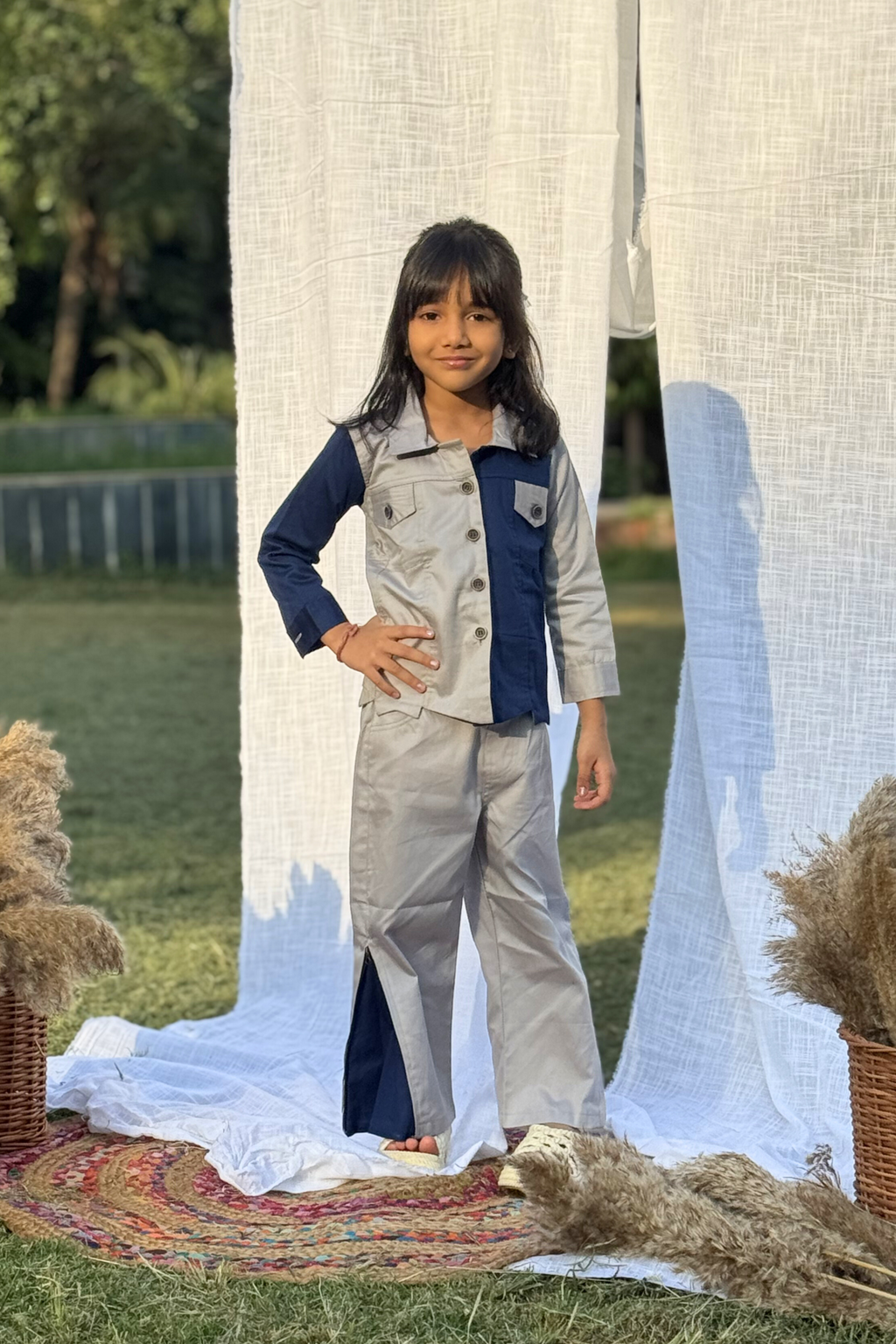Girls Casablanca Color Block Shacket Pants Set Blue & Grey