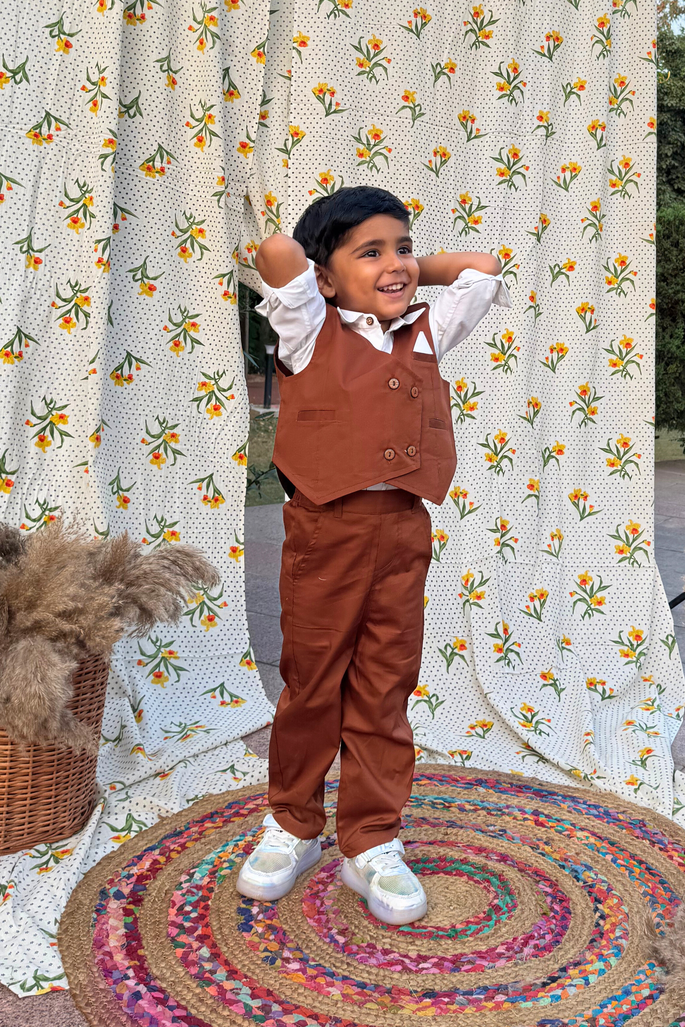 Boys Celebration Premium Cotton 3-piece set with waist coat Brown