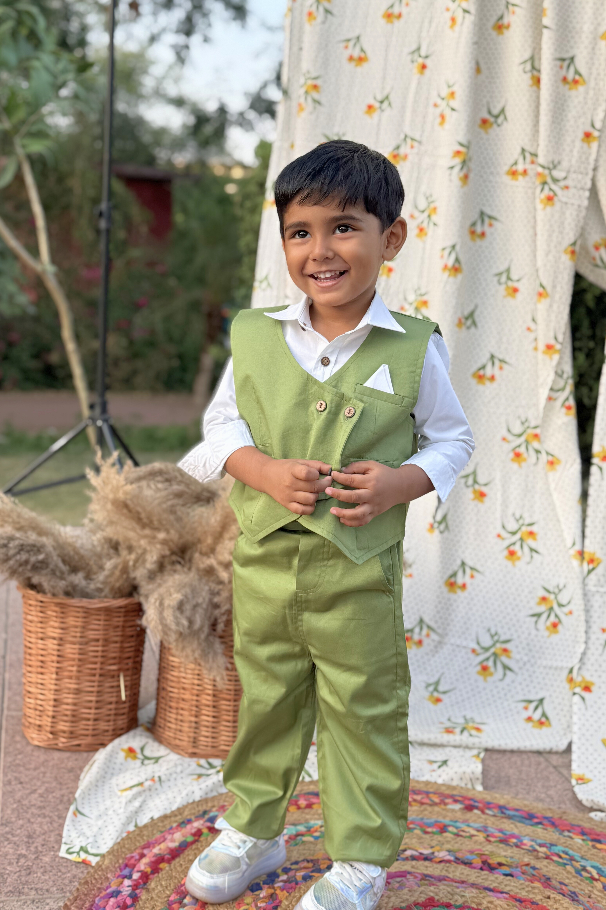 Boys Celebration Premium Cotton 3-piece set with waist coat Green