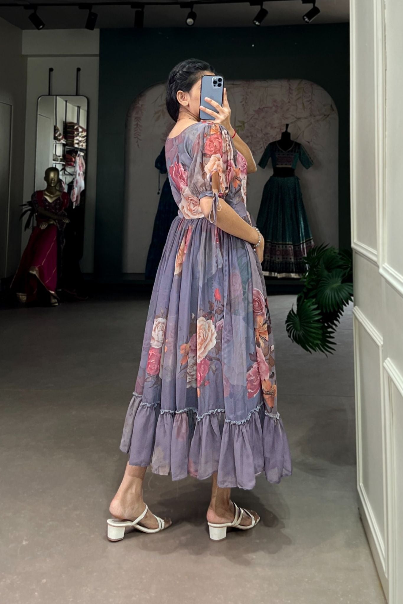 grey printed dress Grey Floral Puff Sleeve Midi Dress - All Dresses