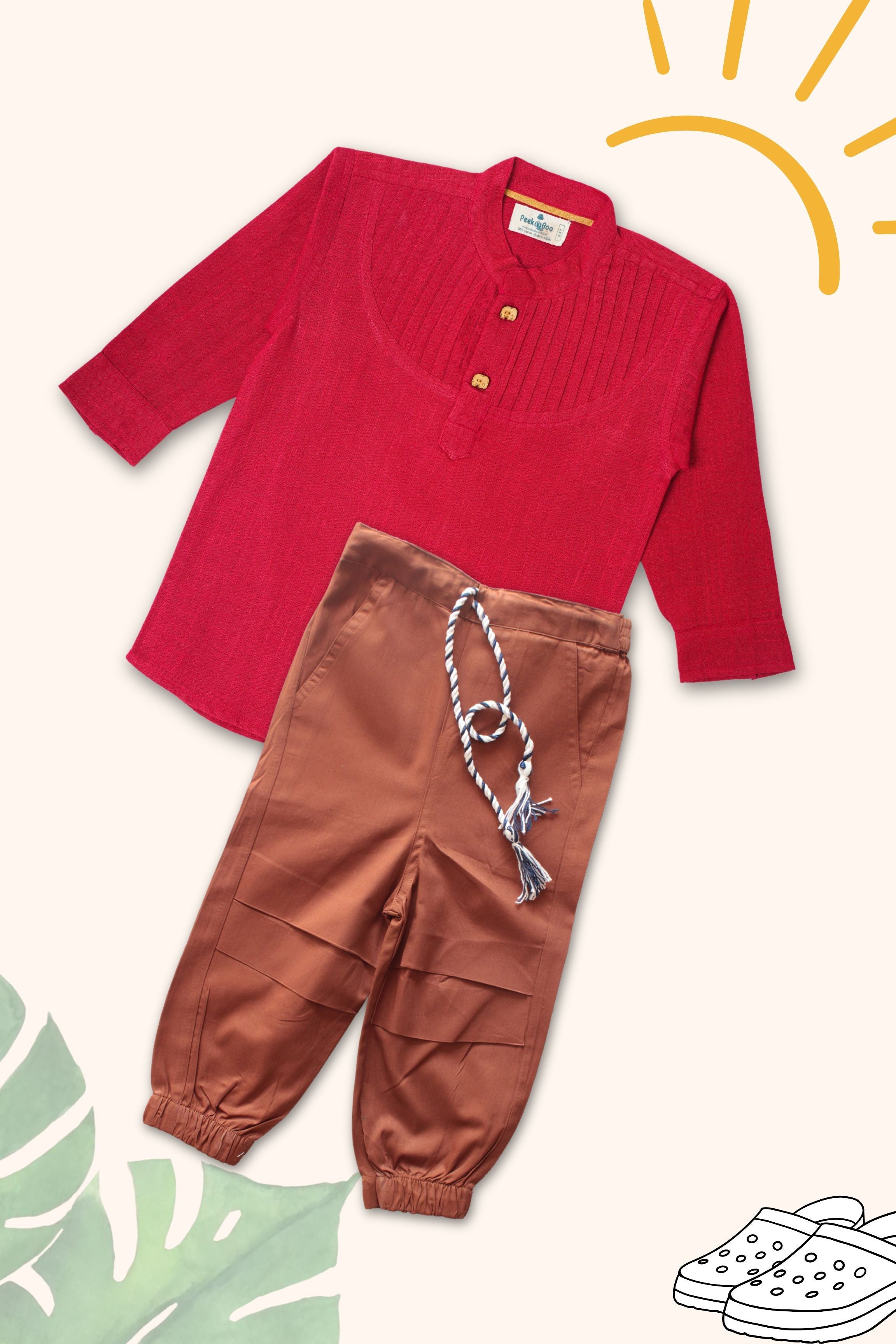 Boys Pure Cotton Clothing Set - Pintuck Shirts & Brown Cargo Pant With Red Pintuck Shirt