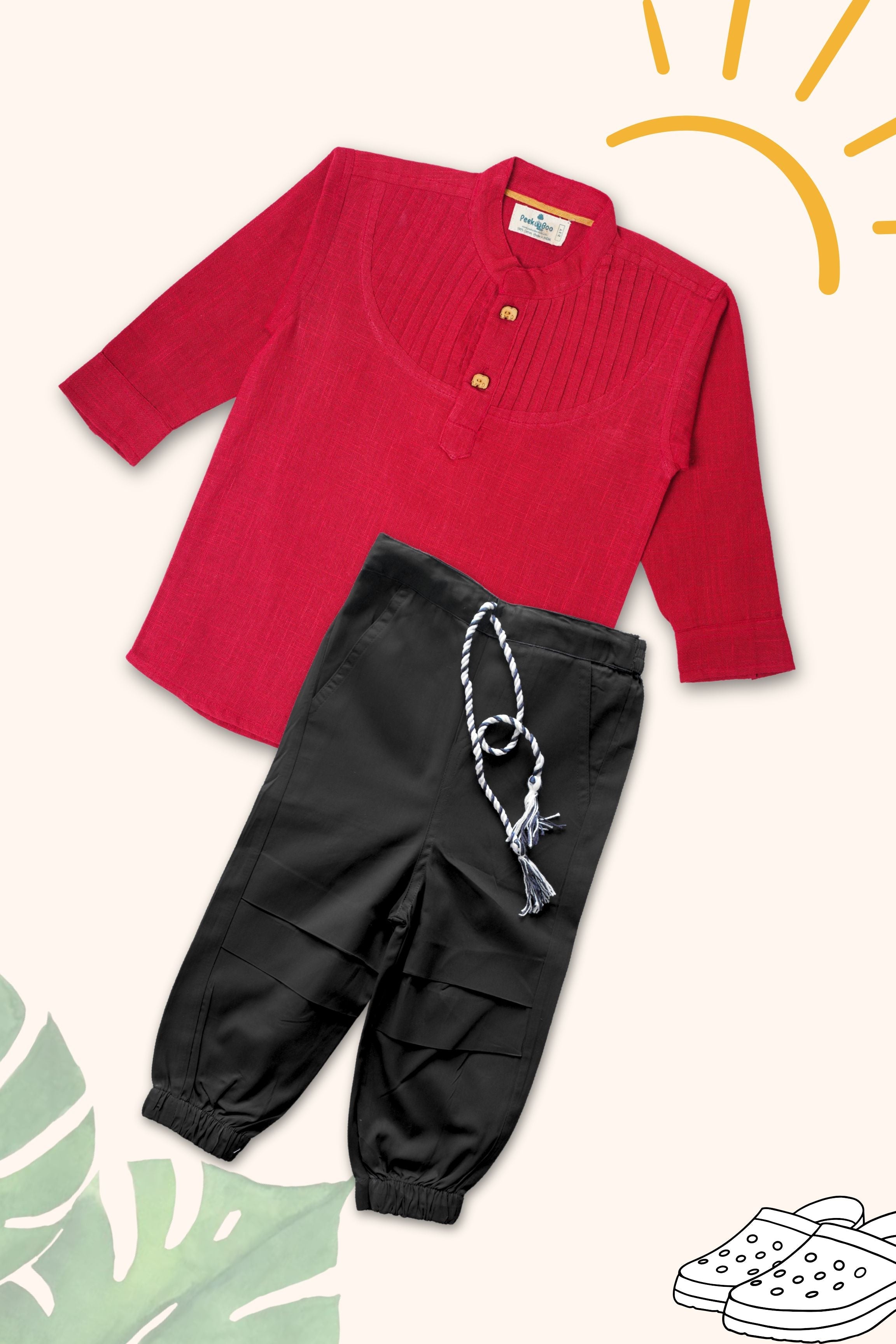 Boys Pure Cotton Clothing Set - Pintuck Shirts & Black Cargo Pant With Red Pintuck Shirt