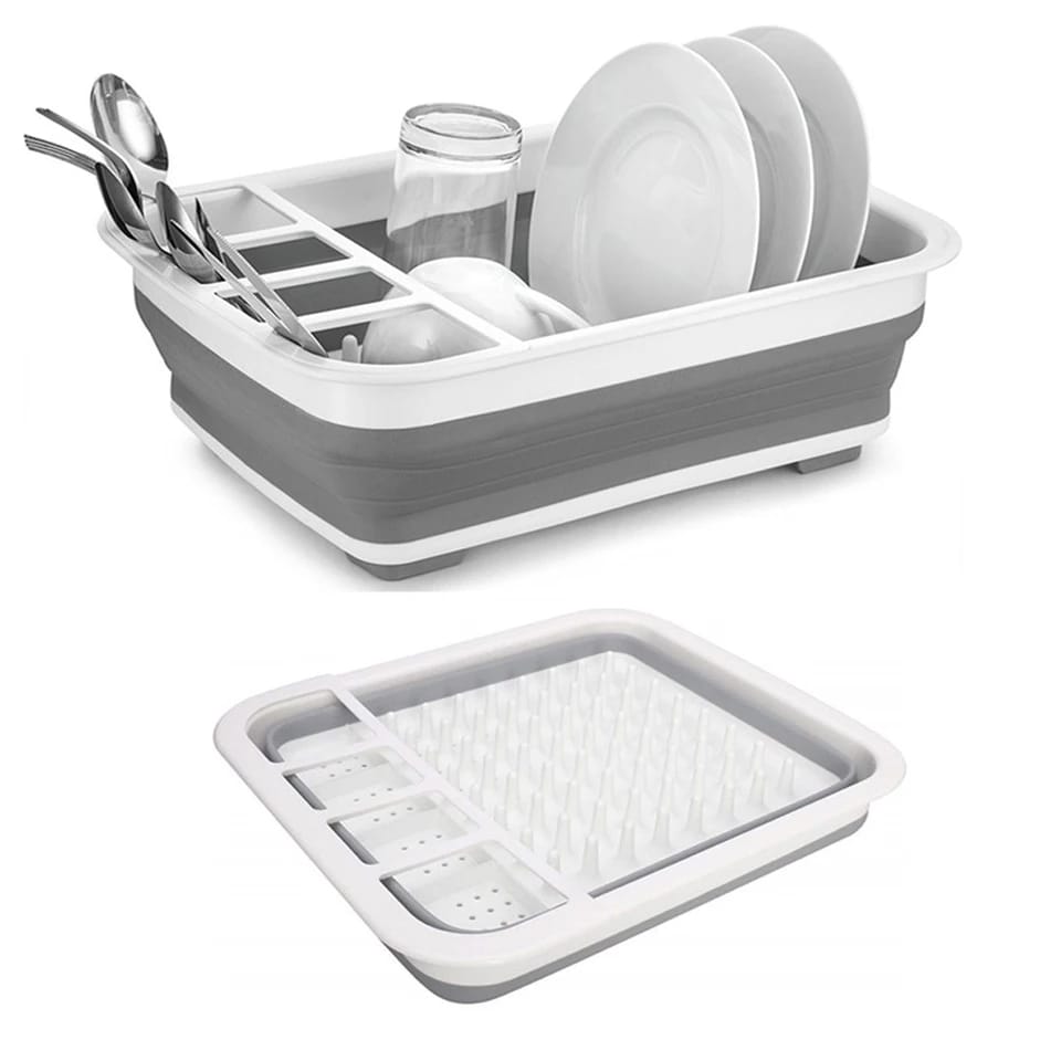 Collapsible folding silicone dish drying drainer rack with spoon, fork, knife storage holder.