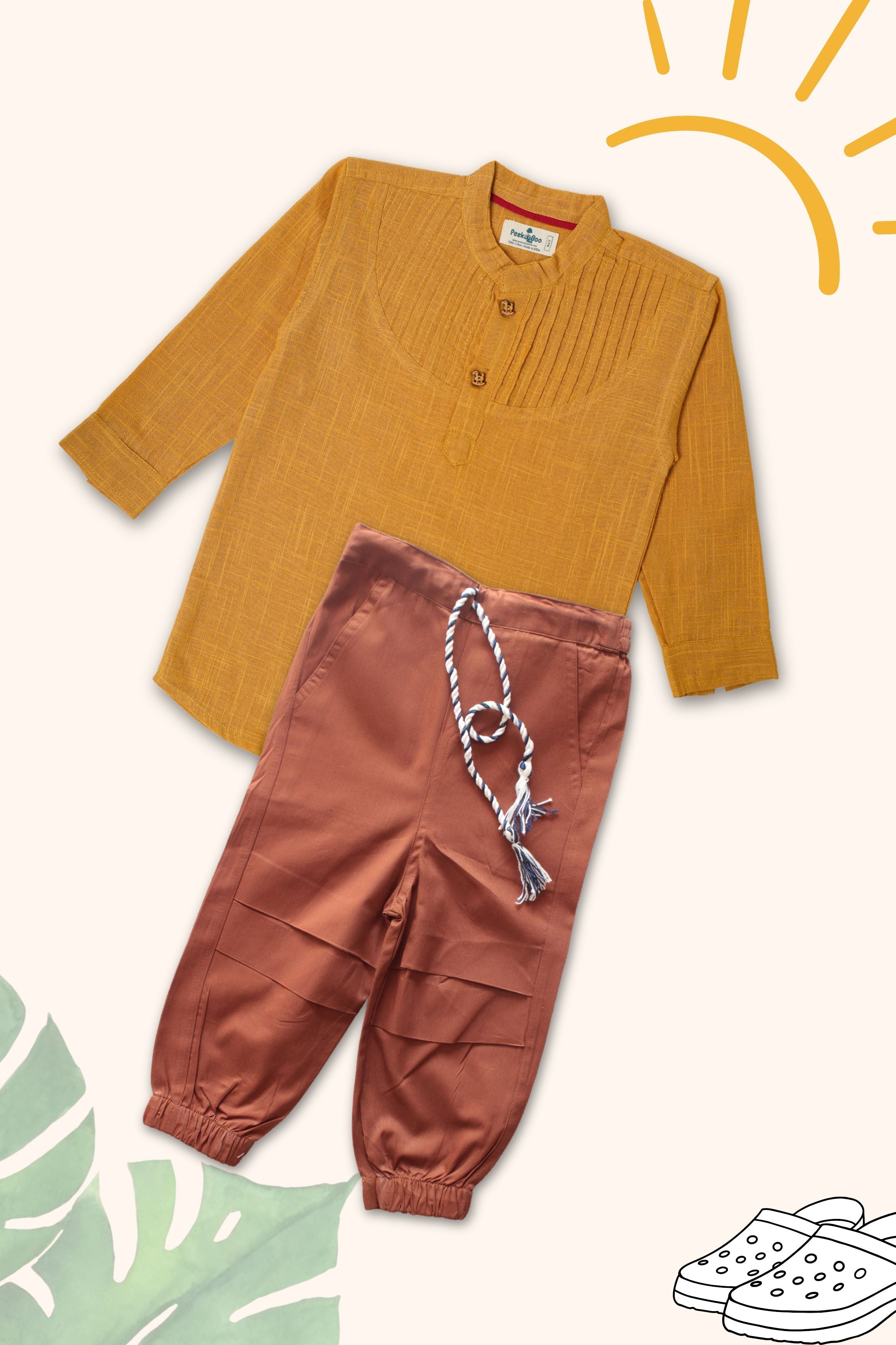 Boys Pure Cotton Clothing Set - Pintuck Shirts & Brown Cargo Pant With Beige Pintuck Shirt