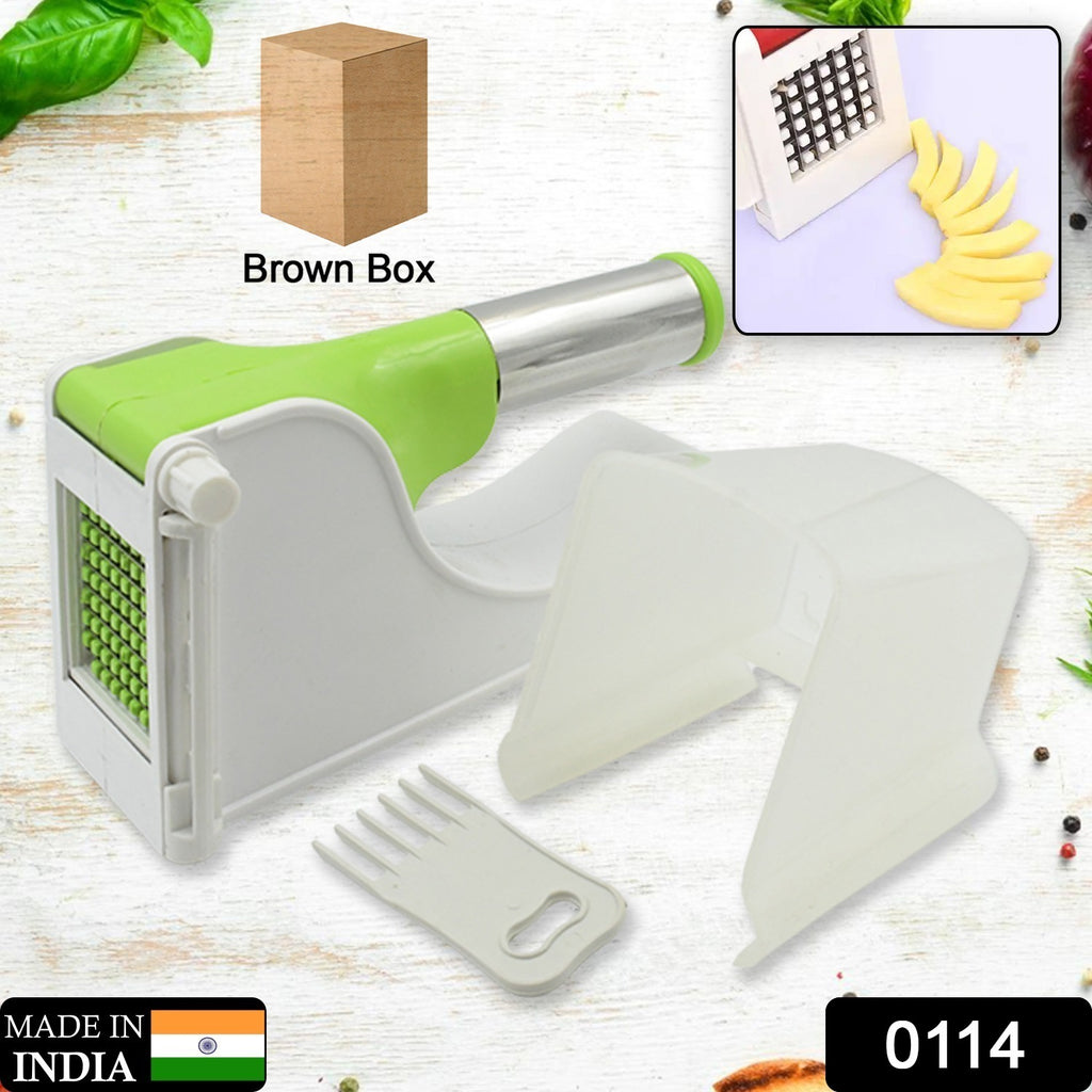 White virgin plastic french fry chipser potato slicer with clear container and cut fries