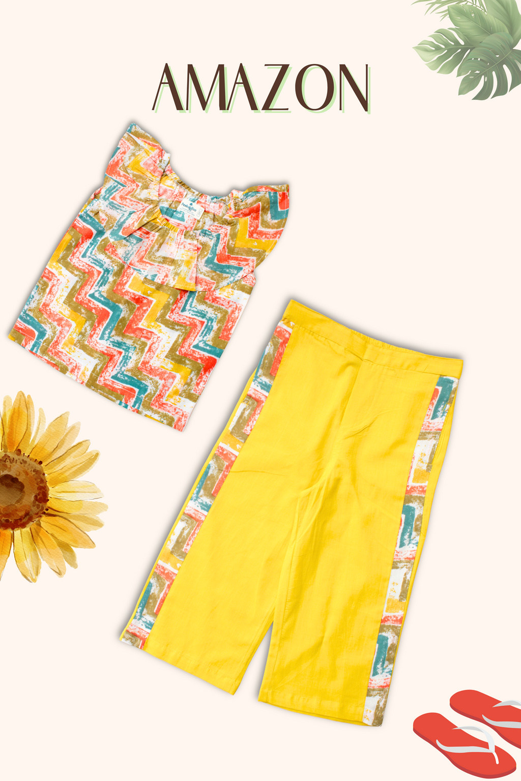 Girls' mustard and teal pure cotton two-piece clothing set.
