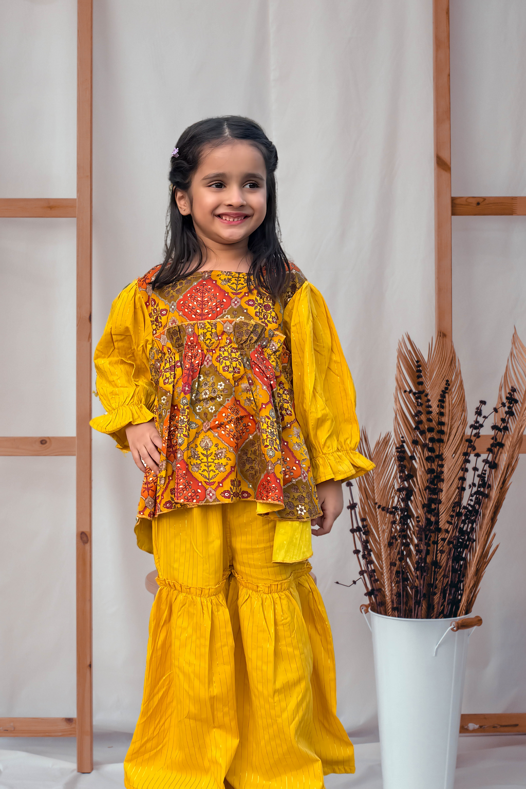 Girls high low printed top and sharara set for wedding events