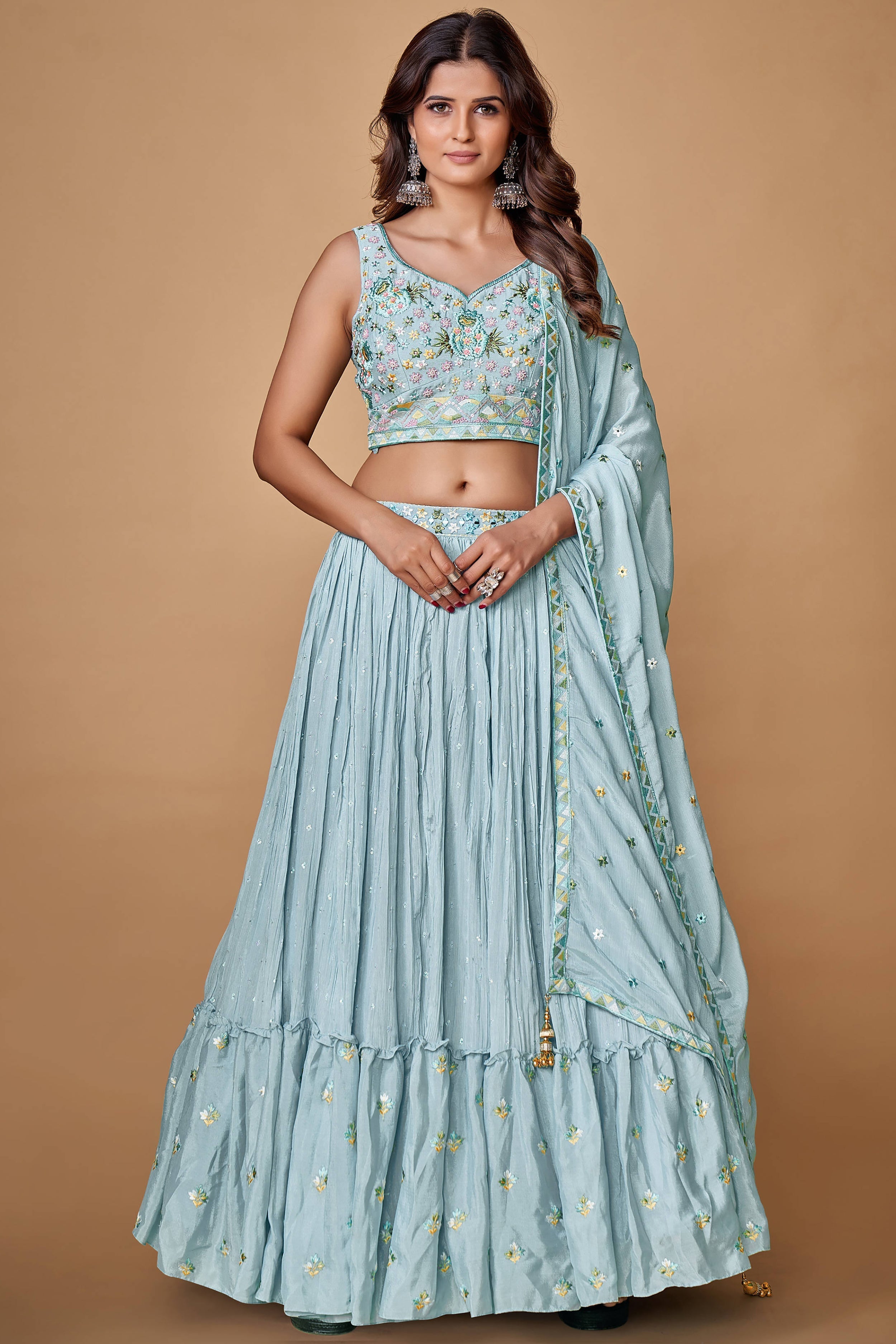 Powder Blue Thread Work Chiffon Silk Engagement Wear Lehenga Choli