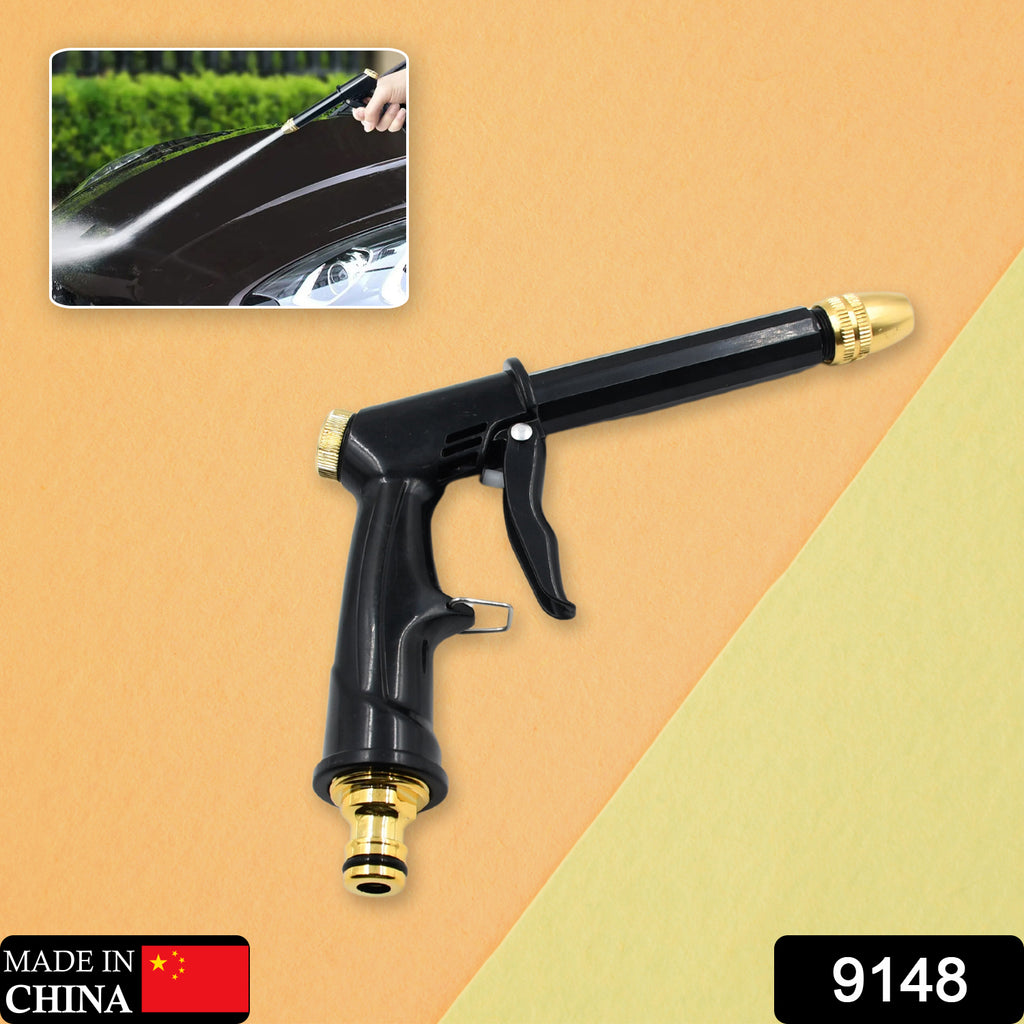 Close-up of 9148 water spray gun, brass nozzle, metal trigger, non-slip grip. Ideal for car wash & gardening.