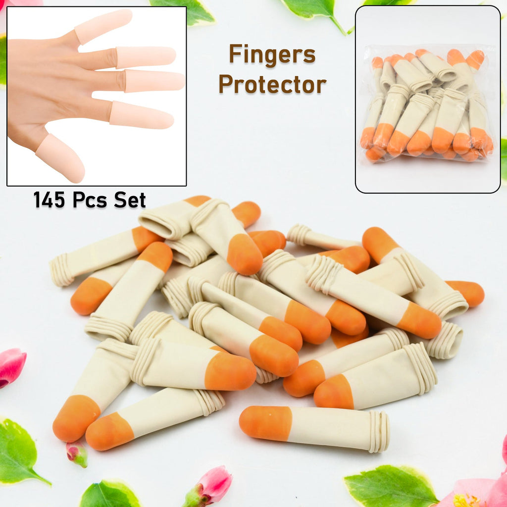 Close-up of a large stack of translucent silicone finger protectors, caps, and sleeves, 145-piece set