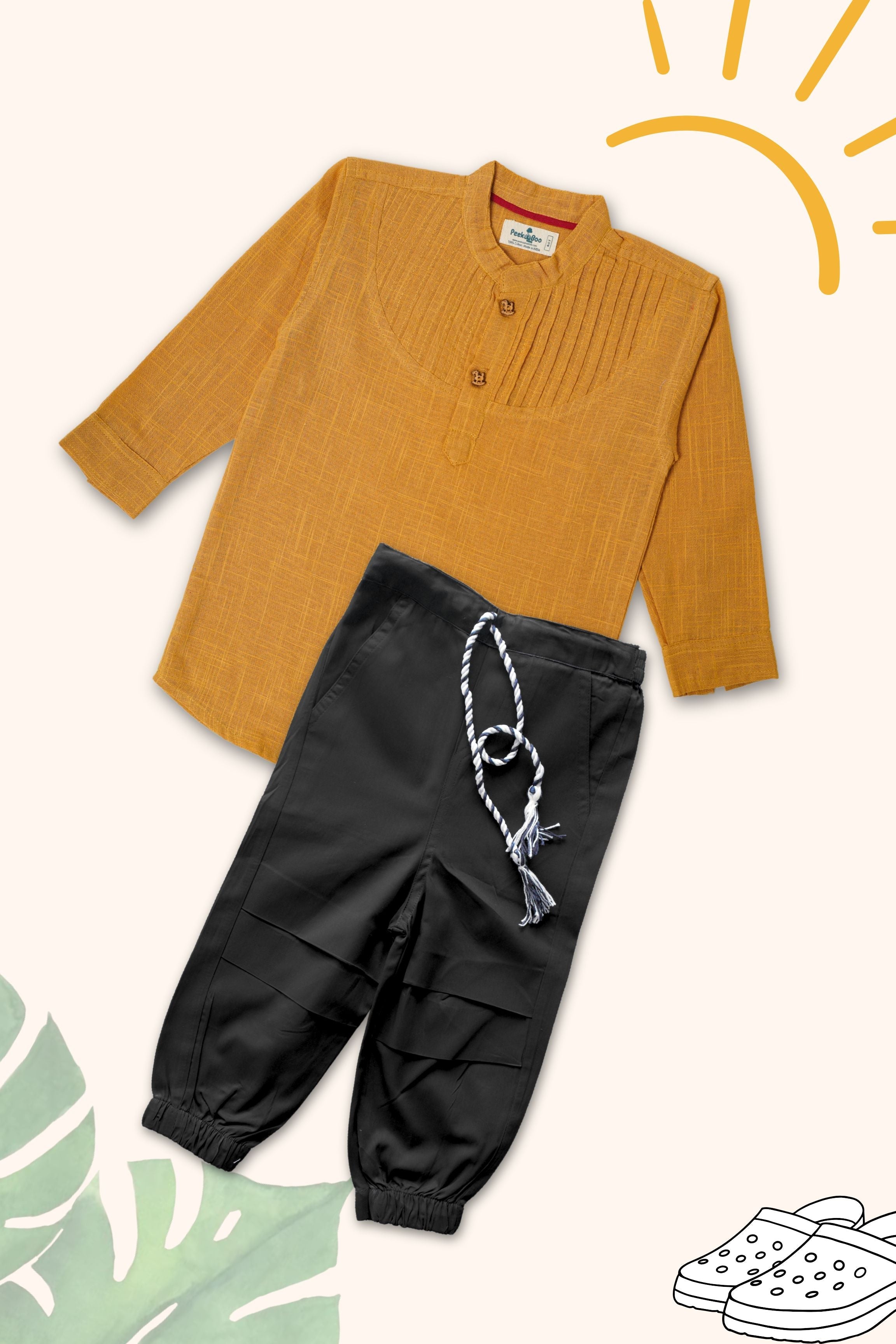 Boys Pure Cotton Clothing Set - Pintuck Shirts & Black Cargo Pant With Beige Pintuck Shirt