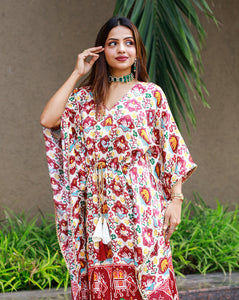 Premium White Gajji Silk Patola Print Kaftan Dress - Handcrafted Bandhani Digital Print Festive Wear