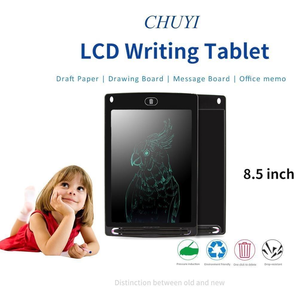 Black 8.5 inch LCD writing tablet for drawing and notes, with stylus and colorful screen content.