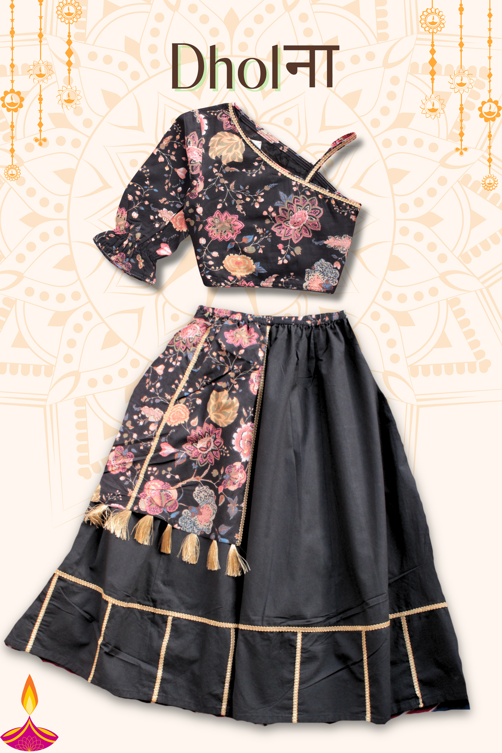 Close-up of intricate multicolor dori embroidery and delicate lace detailing on the black blouse
