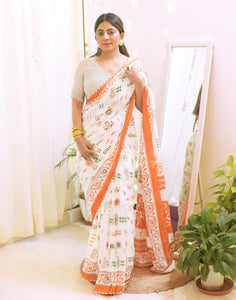 White Linen Tiranga Saree with Digital Print for Independence Day | TRENDBUY