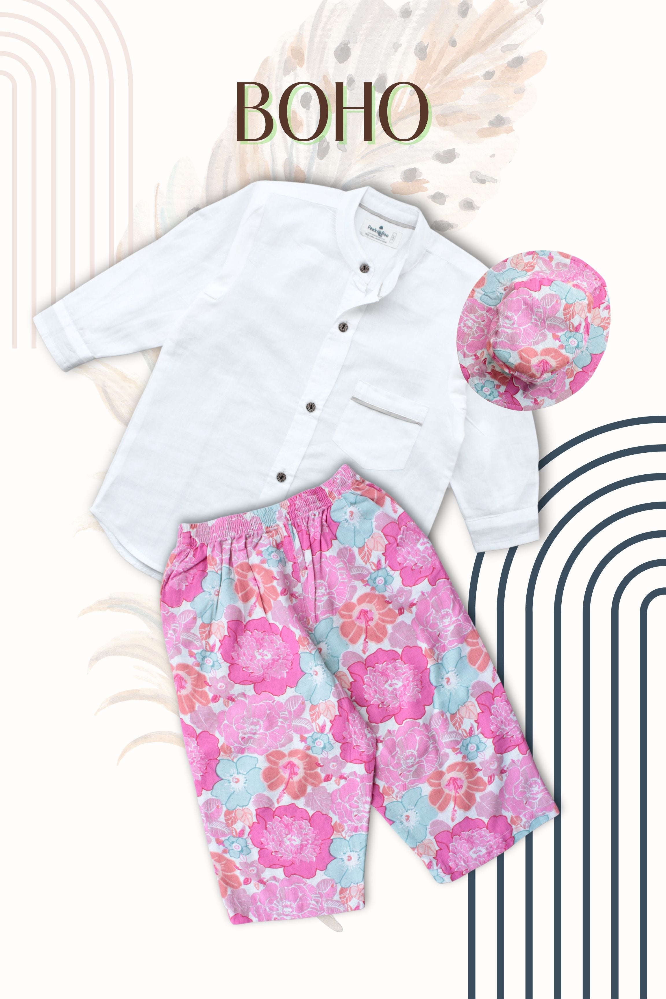 Girls Boho Resort Wear Set - White With Hat
