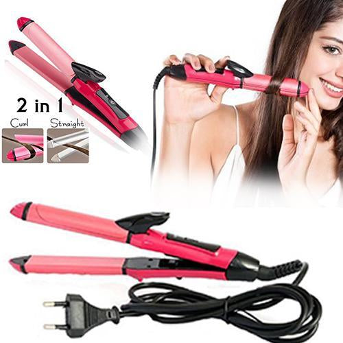 385 2-in-1 hair straightener and curler machine for women, ideal for straight or curly hair.