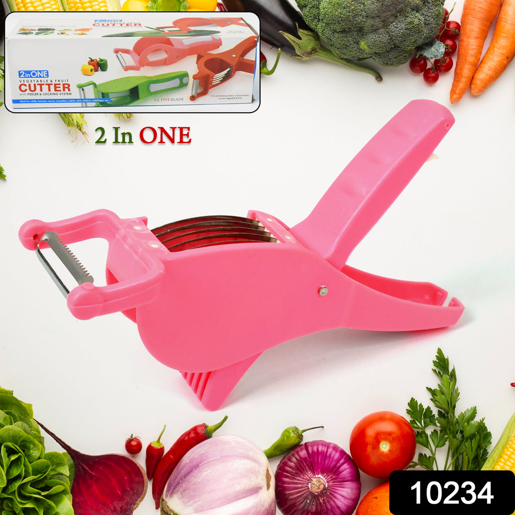 Multicolor plastic 2-in-1 vegetable fruit multi-cutter with 5 blades and peeler in use